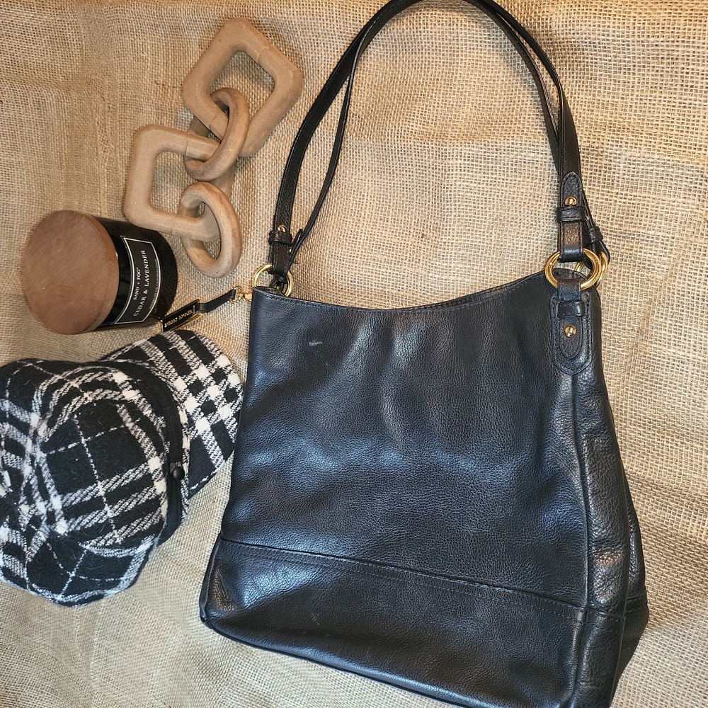 Black Audrey Brooke shoulder bag, w/ three compartments, genuine leather #0103